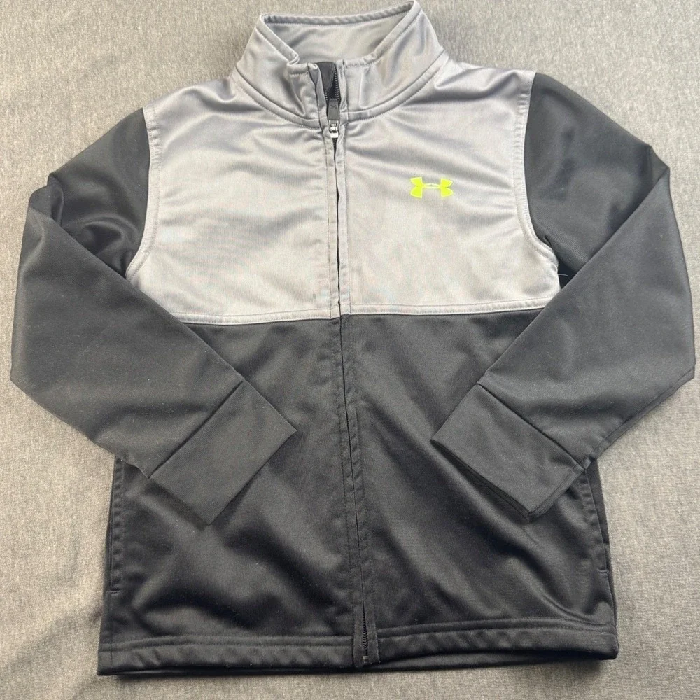Under‎ Armour Boys Gray Black Colorblock Full Zip Track Jacket Size 6 Lime Logo